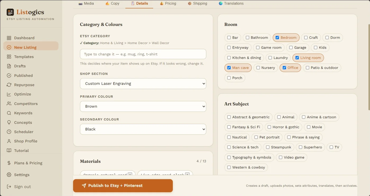 The details screen with the Etsy category, colours, materials and buyer-facing attributes filled in automatically