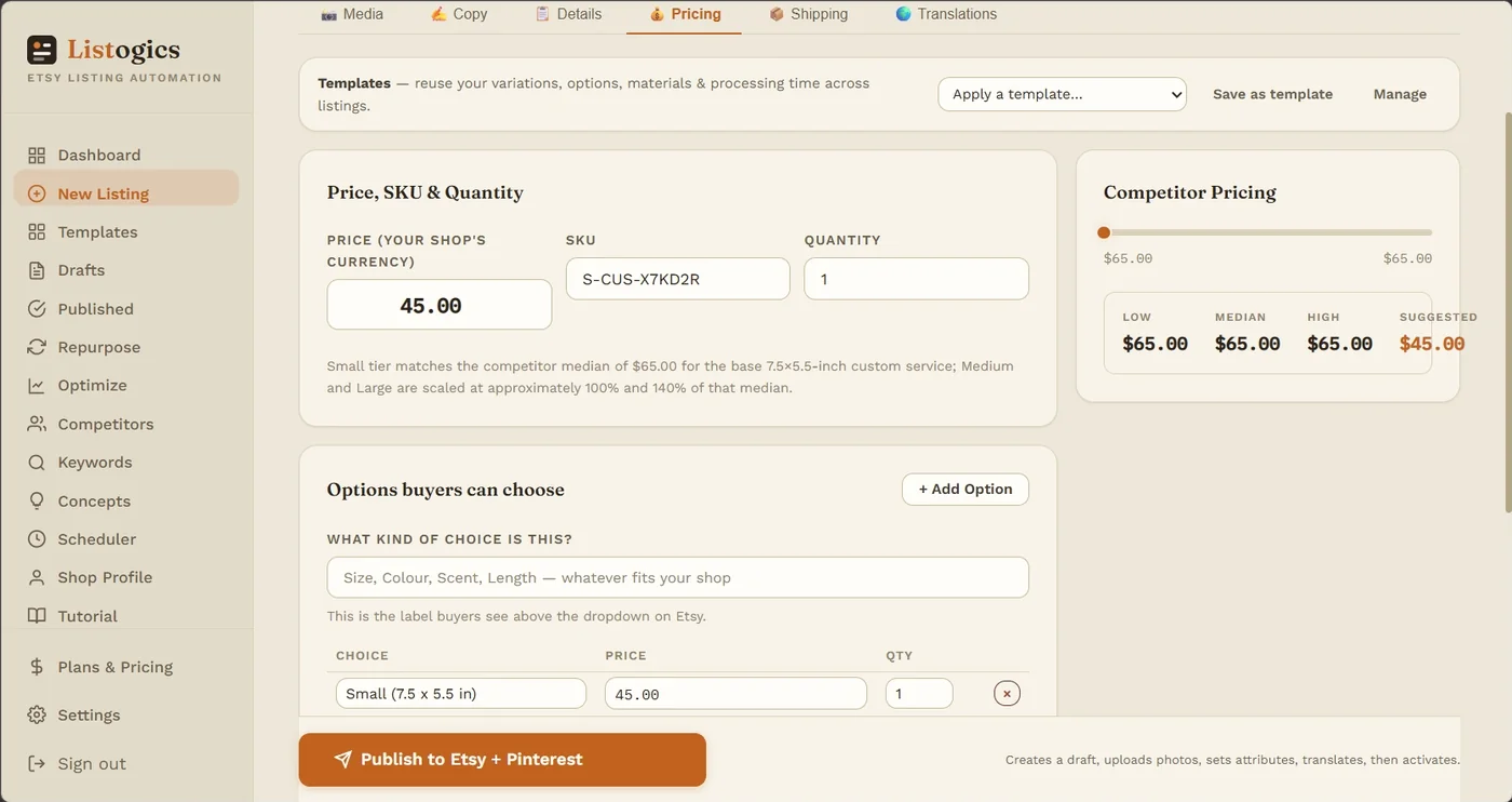 The pricing screen showing a price set from competitor data, with size options buyers can choose