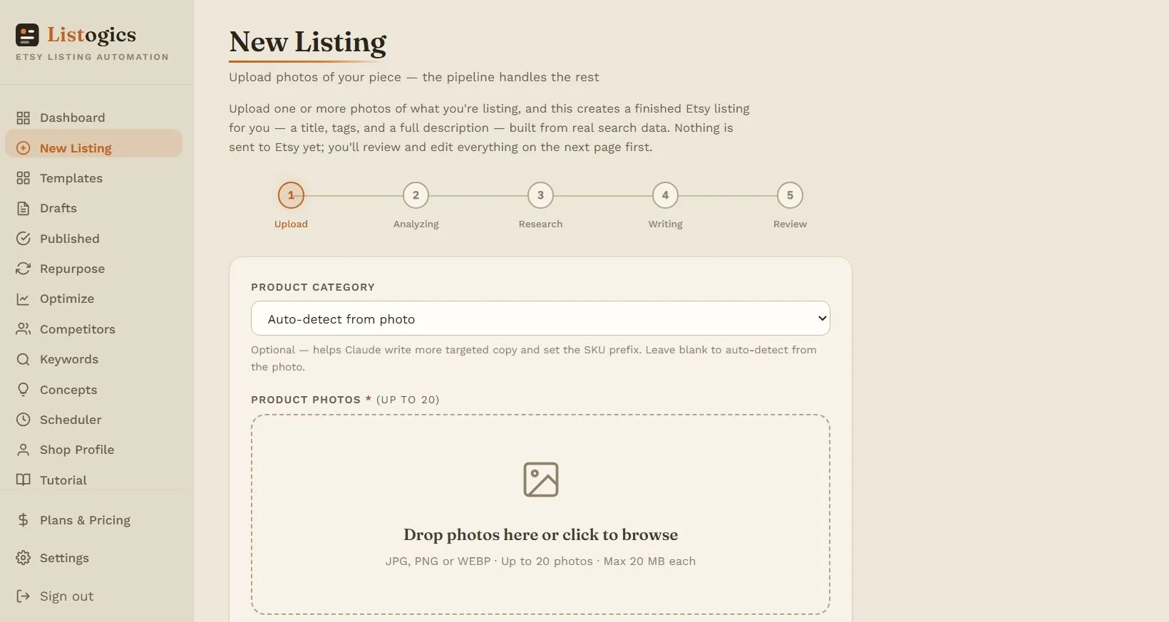 Listogics New Listing page — drop your product photos to start