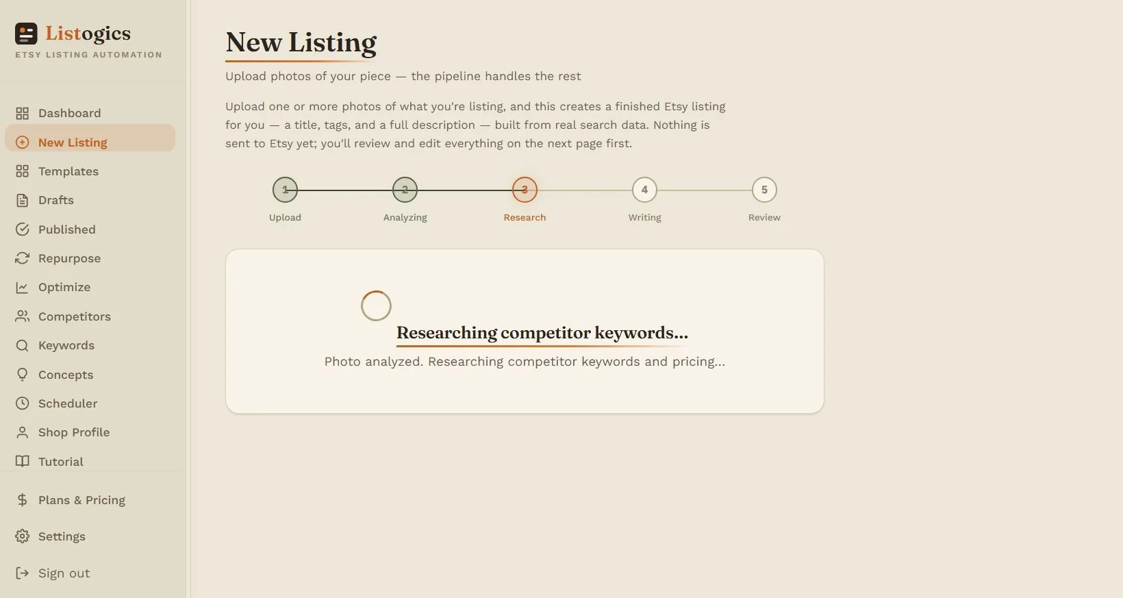 Listogics researching real Etsy searches and competitor pricing