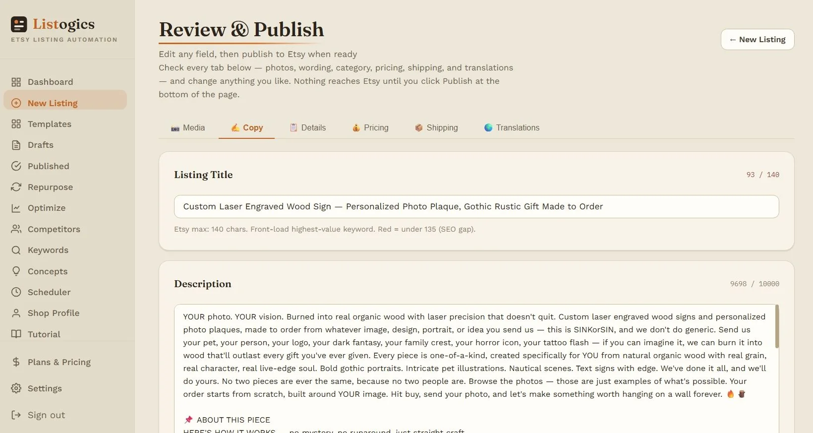 The generated listing — title, all 13 tags, and a full description