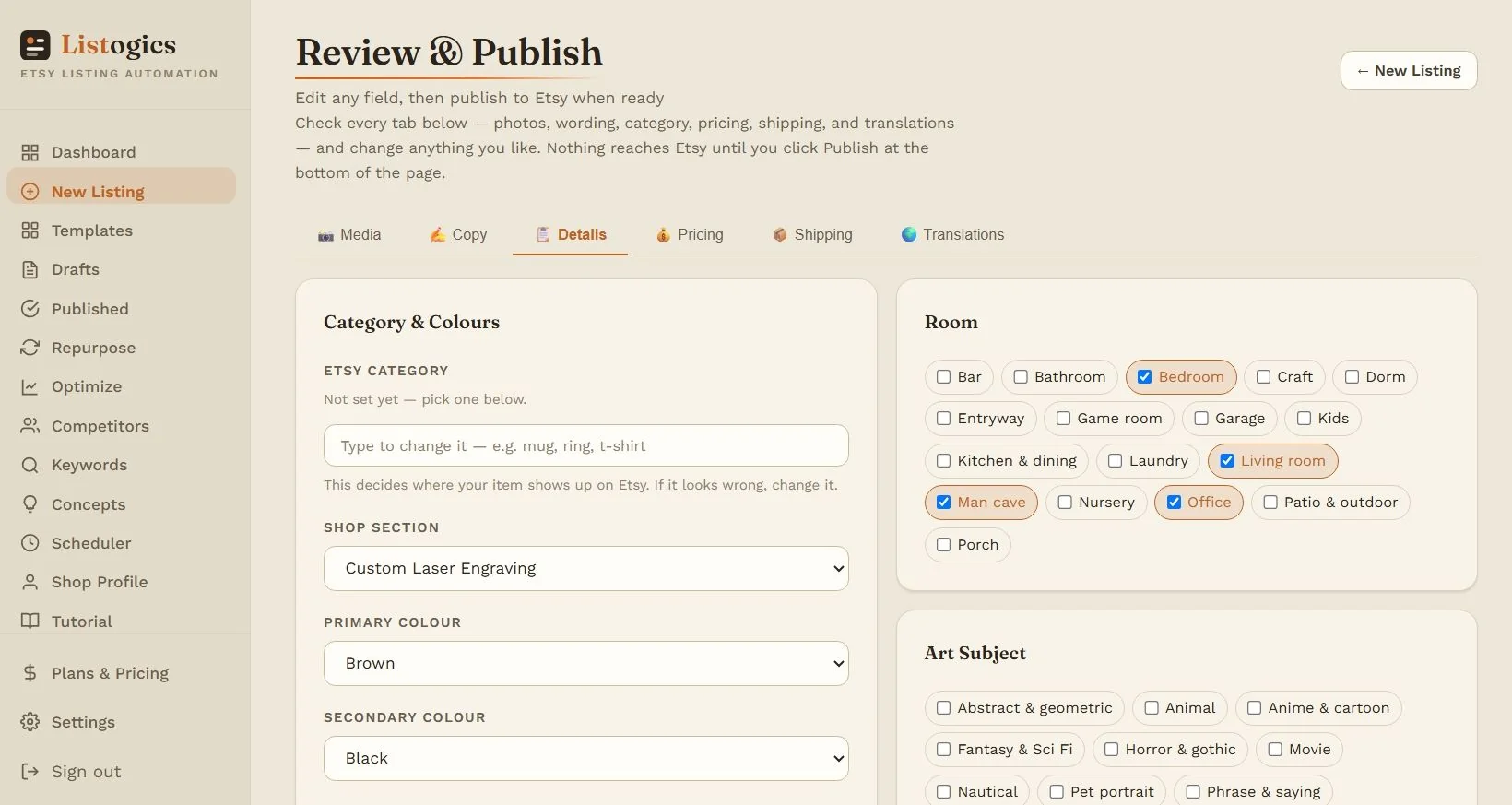Etsy category, materials, colours and attributes filled in for you