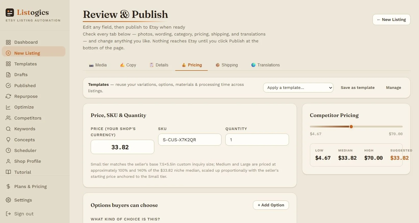 Sized variations priced against real competitor data