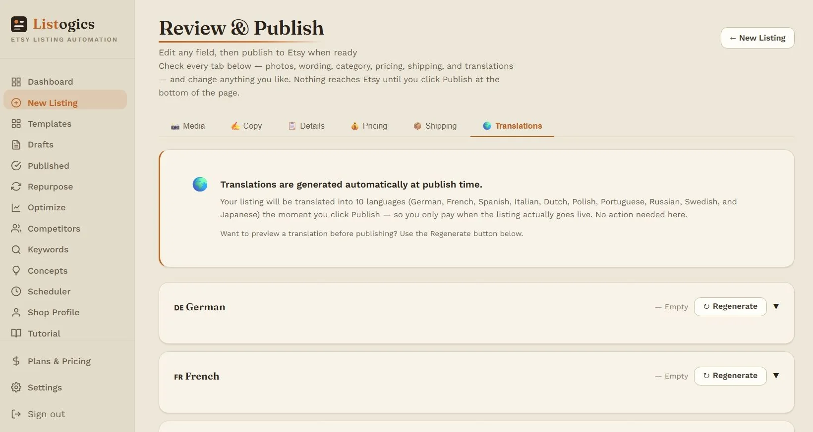 The listing translated into ten languages at publish