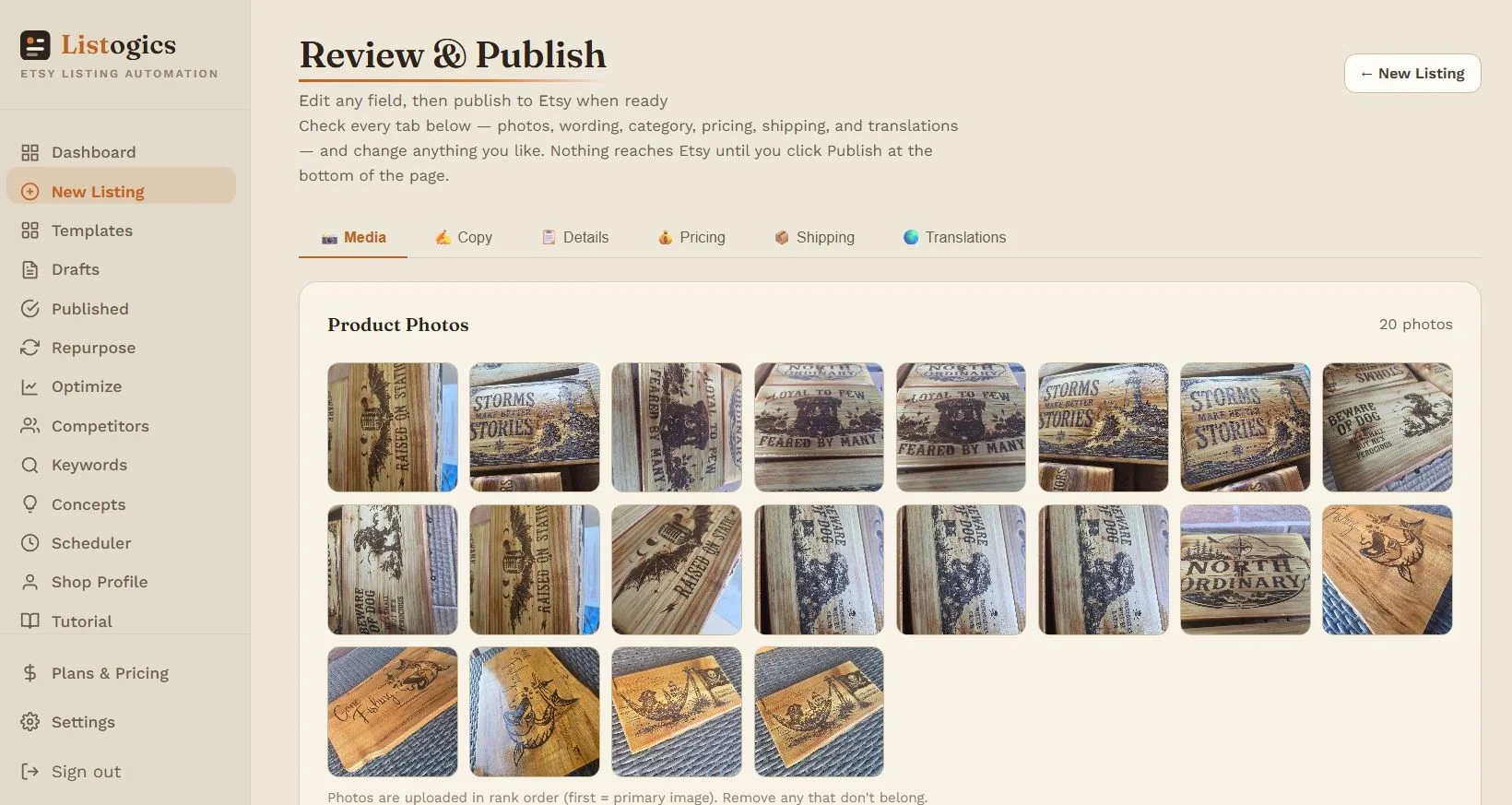 All product photos in order, ready to publish to Etsy