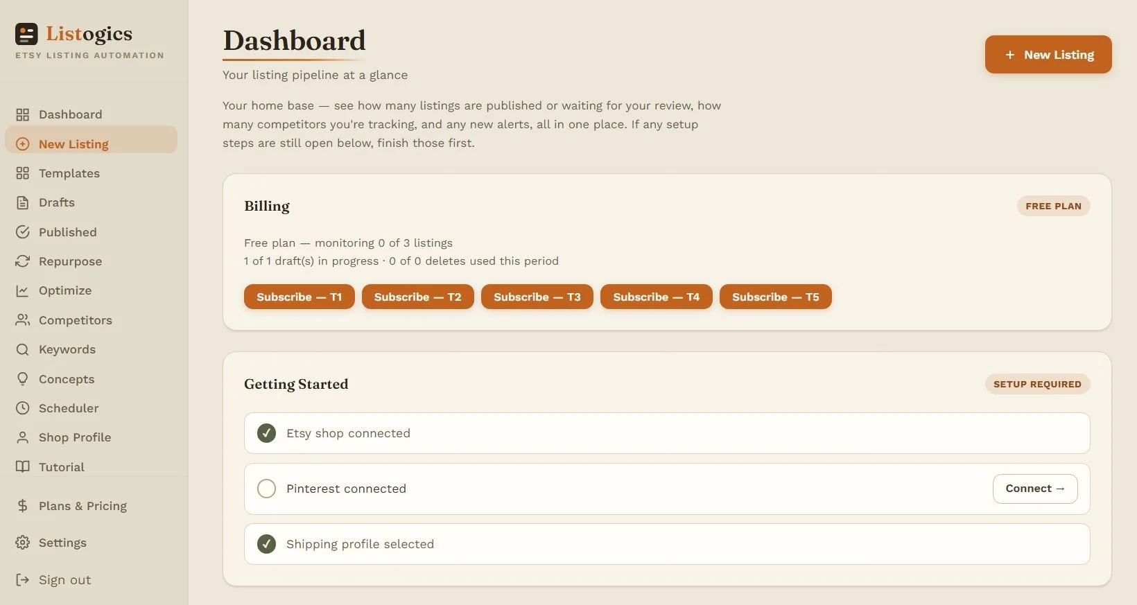 Your Listogics dashboard — track every published and in-review listing